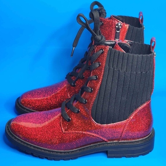 NEW Sam Edelman Lydell Girls Combat Boots Lace Up Ruby Red Glitter - Picture 3 of 7